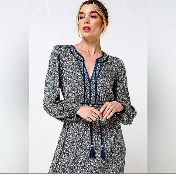 Boho Floral Maxi Dress | Teal Emerald Long Sleeve Ruffle Hem Tassel Dress - Picture 4 of 5